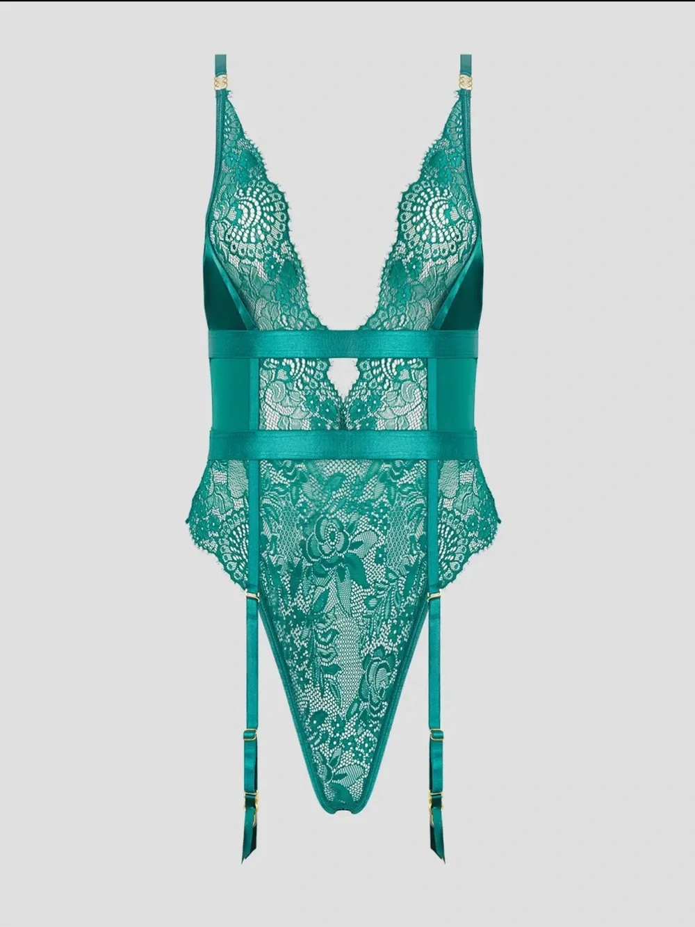 NWT Lace Lingerie Plunge Teddy Bodysuit with Garter Straps | Green | Size S